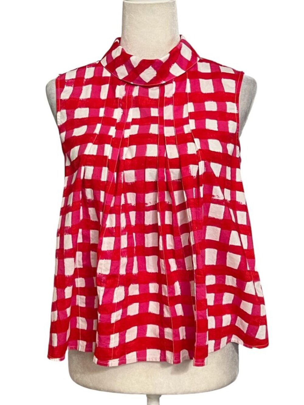 Marni Uniqlo Womens S Sleeveless Blouse Pink Check Plaid Mock Neck Cotton